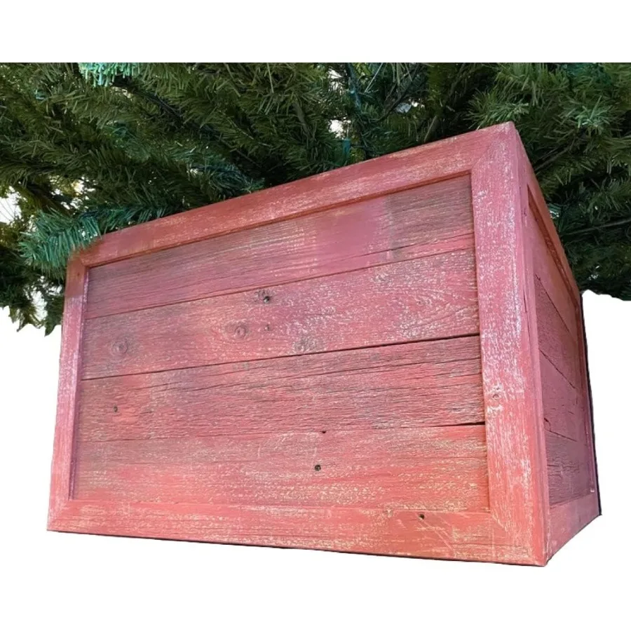 

Rustic Christmas Tree Collar Made of Reclaimed Wood with Red Hook--Loop Strip Panels for Holiday Decoration 30x22.5 in.