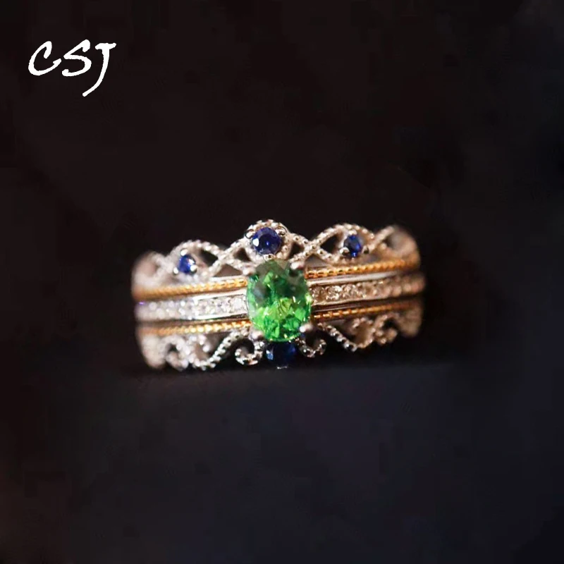 

CSJ Trendy 0.6ct Natural Tsavorite Rings Sterling 925 Silver Blue Sapphire for Women Party Christmas&Black Friday Jewelry Gift