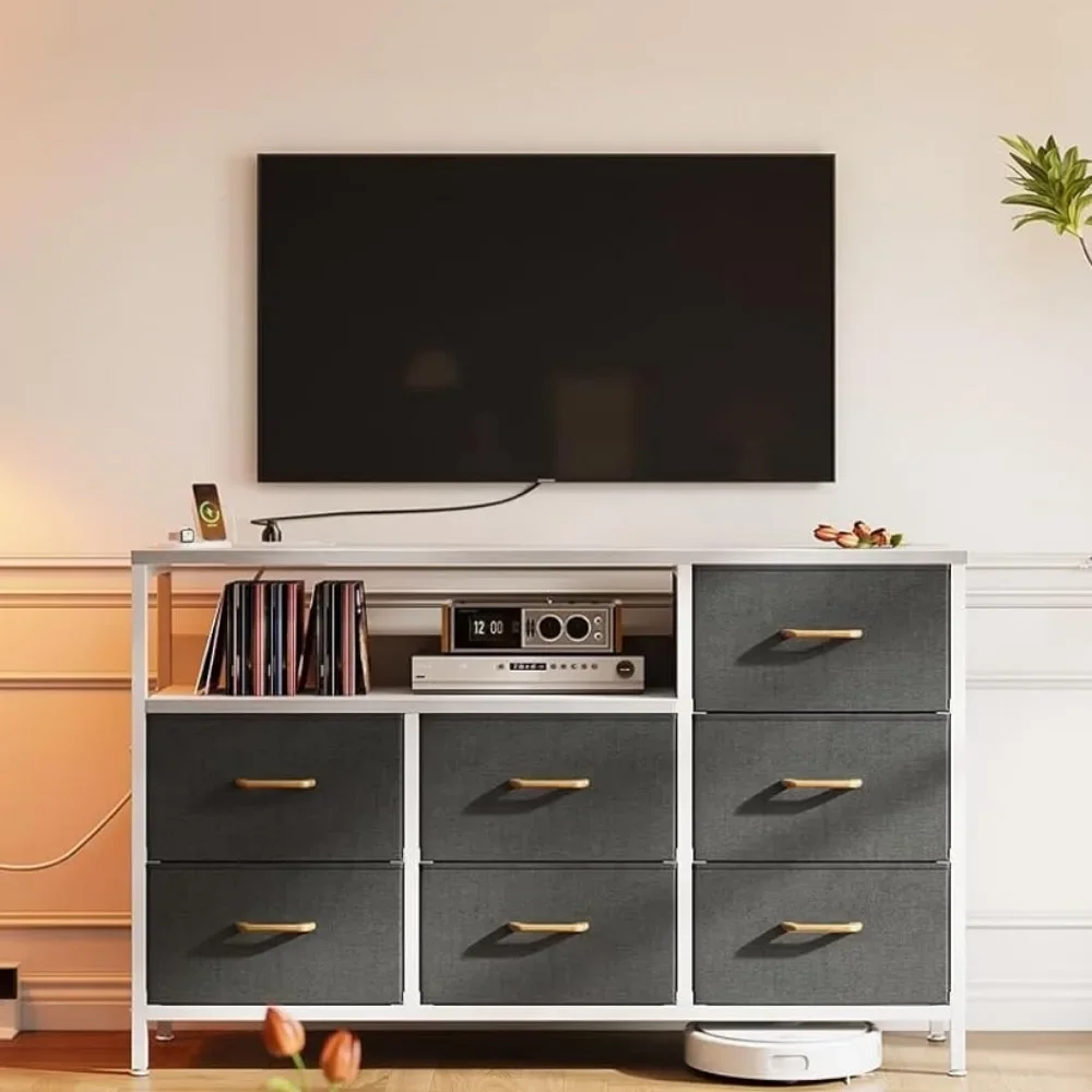 

TV Stand with Charging Station, Wide TV Stand with Open Shelf, 7 Large Storage Drawers for Living Room, White TV Cabinet