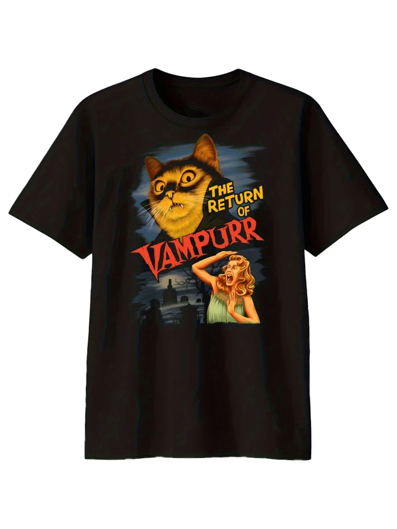 Men's Retro Vampire Cat Pattern T-shirt, Pure Cotton, Loose Round Neck, Short Sleeves, Nostalgic Horror Movie Style Pattern