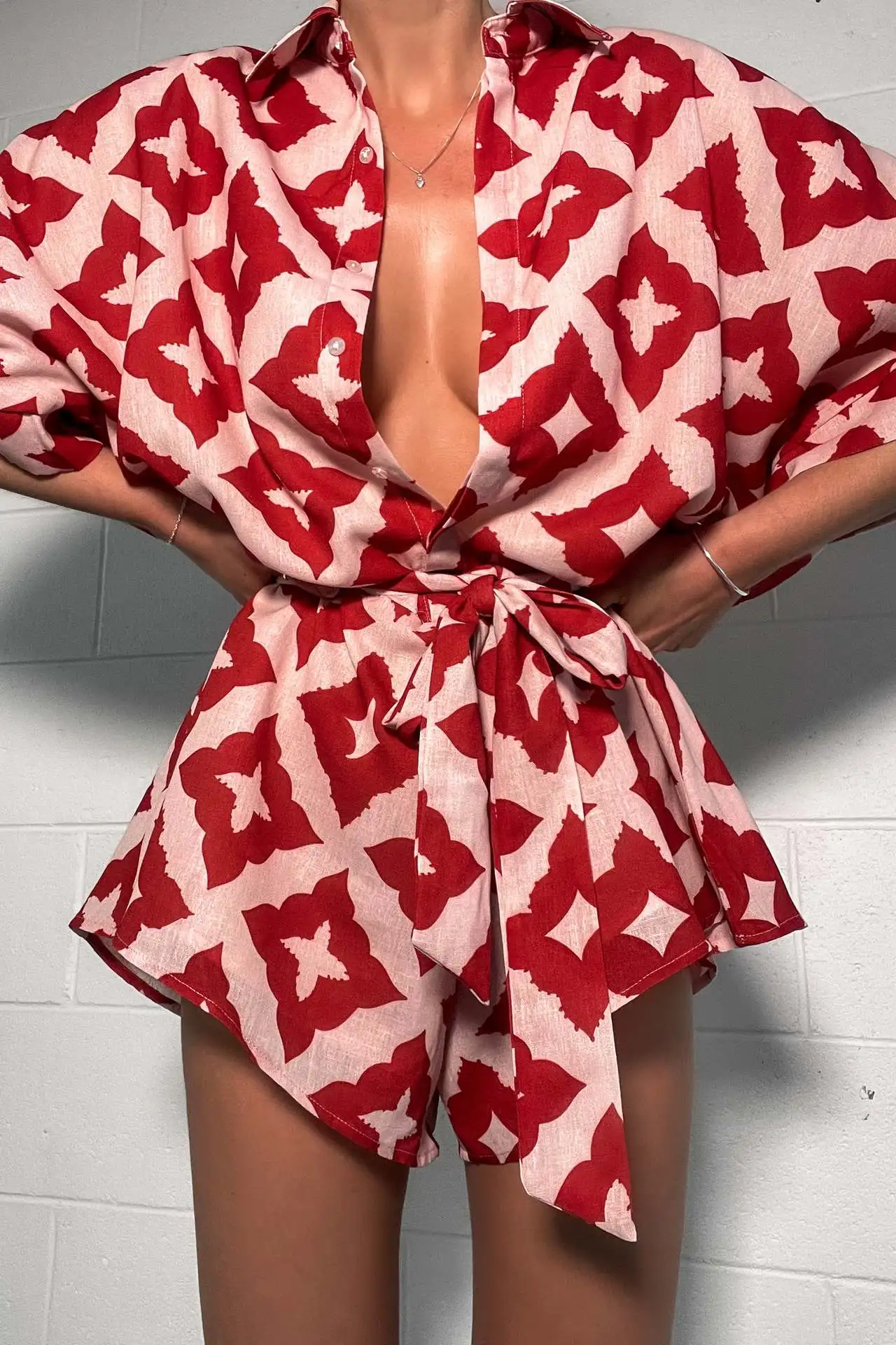 2024 New Autumn Women Loose casual Print Strap Jumpsuit Red Print Bow Tie Turndown Collar Loose Bodysuit Sexy Outfits Streetwear