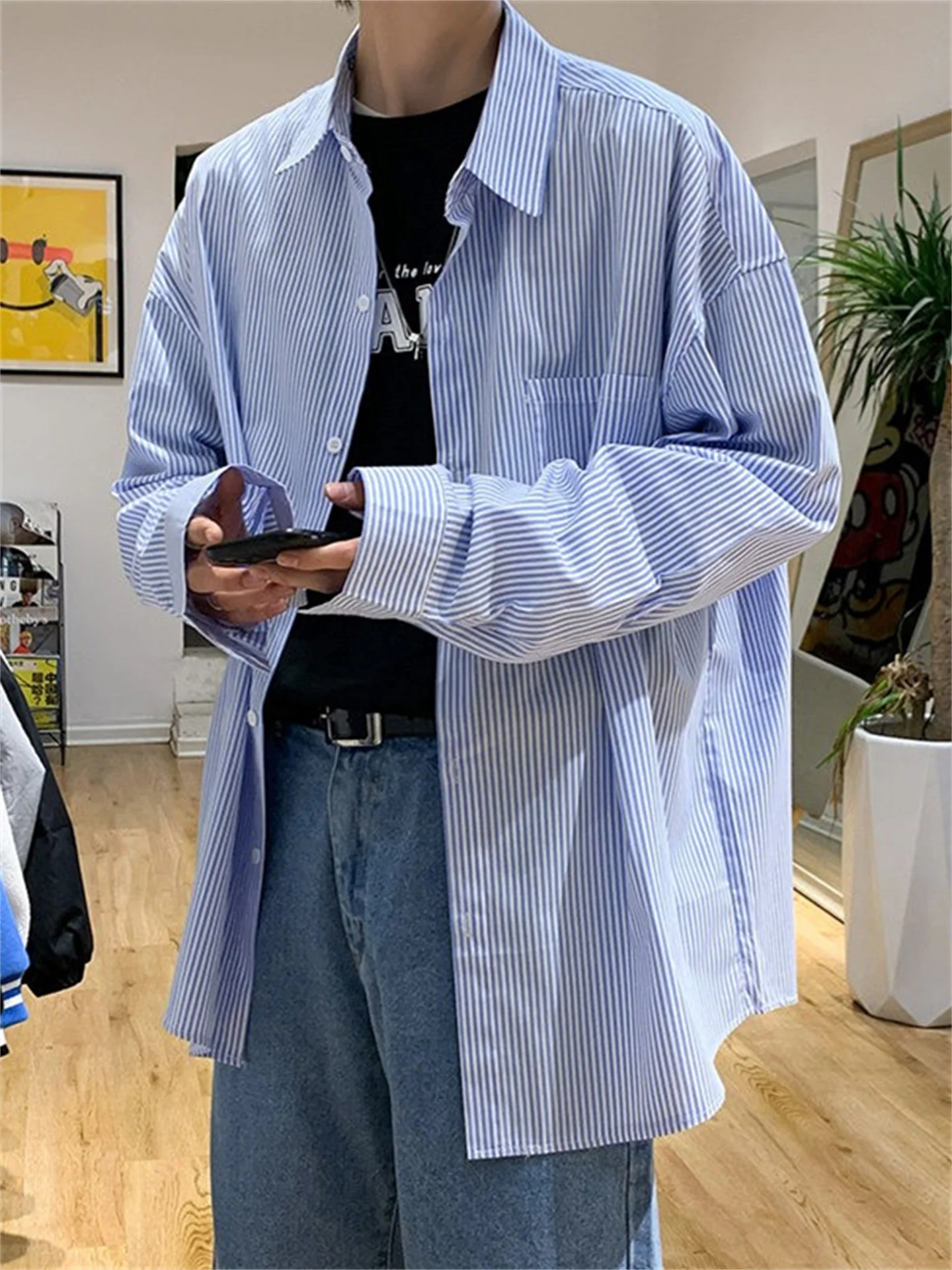 

Loose Fit Men's Blue Striped irt Casual Long Sve Retro Japanese Sle Spring Autumn Outerwear Lazy Sle Youth Faion