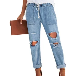 Elastic Waist Lace-up Vintage Jeans Women Daily Casual Commuter Denim Pants Female New Broken Holes Straight Trousers Streetwear