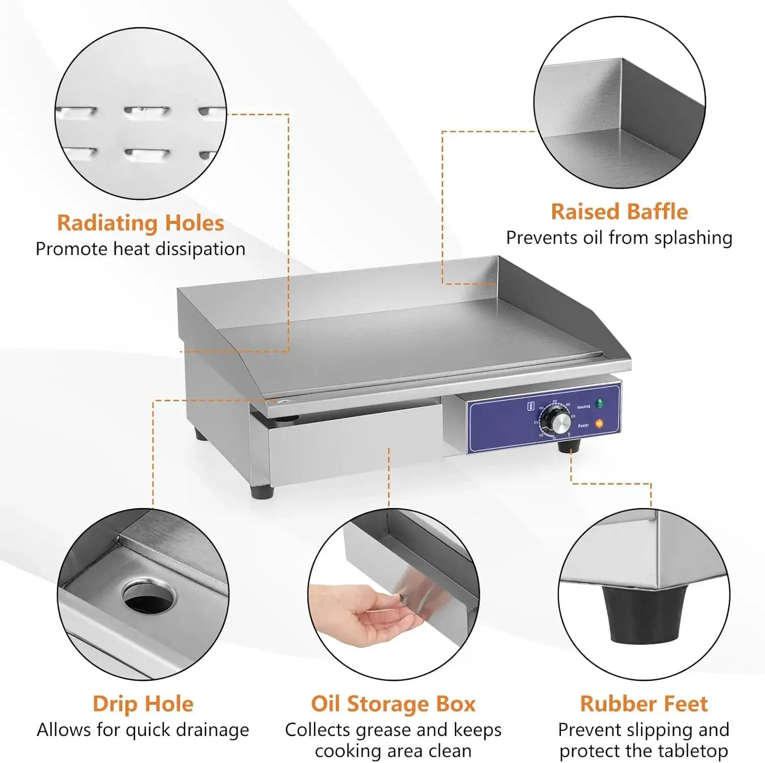 Commercial Griddle, 22" Electric Griddle 2000W, Cast Iron Griddle, Stainless Steel Frame, 122℉-572℉ Adjustable Temperature Contr