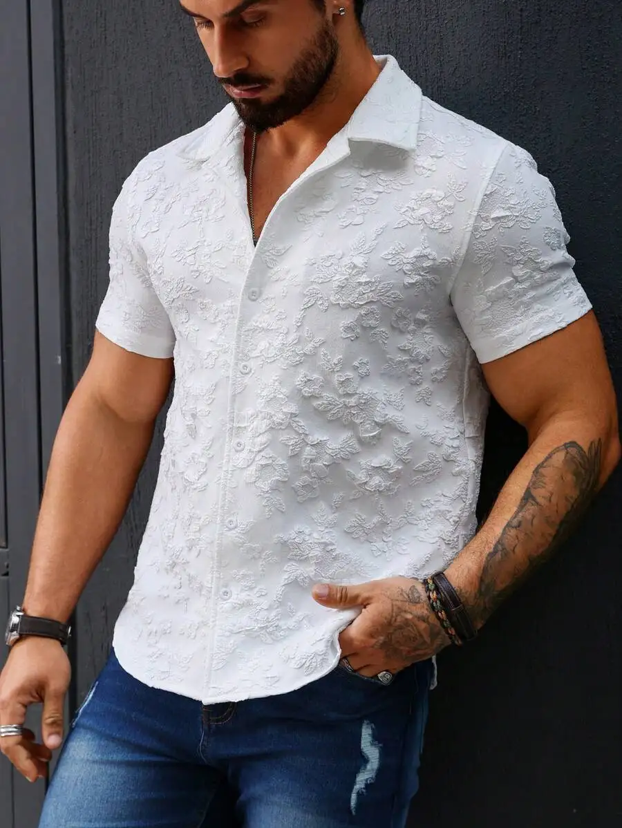 

Men's White Embroidered Floral Short Sleeve Casual Shirt for Summer