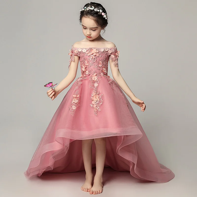 Girls Formal Elegant Luxury Dress Off Shoudler Little Girls Evening Banquet Prom Pagenat Dresses Flower Girls Dress High Low