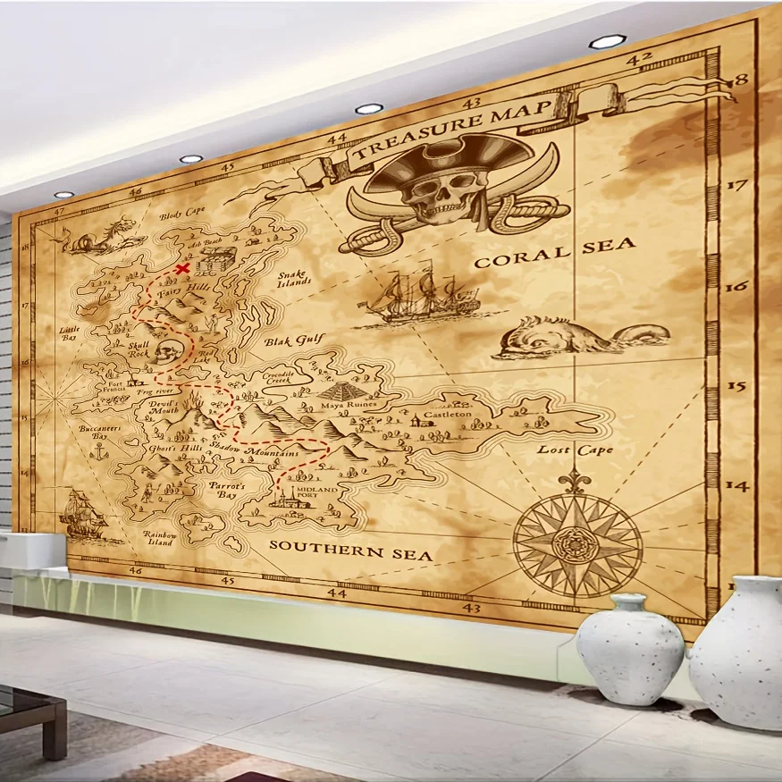 VIKAMA Vintage Pirate Treasure Map Tapestry Old Nautical Chart Wall Hanging for Living Room