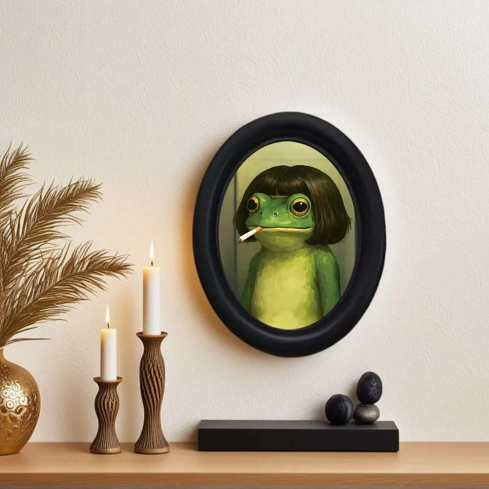 1 Piece of Fun Long-Haired Frog Wall Art, Fun Frog Framed Decorative Painting, Featuring a Frog Element with a Quirky Wig, Wooden Mini Hanging Painting, Unique Home Kitchen Office Decoration, Fun Gift, Holiday Gift