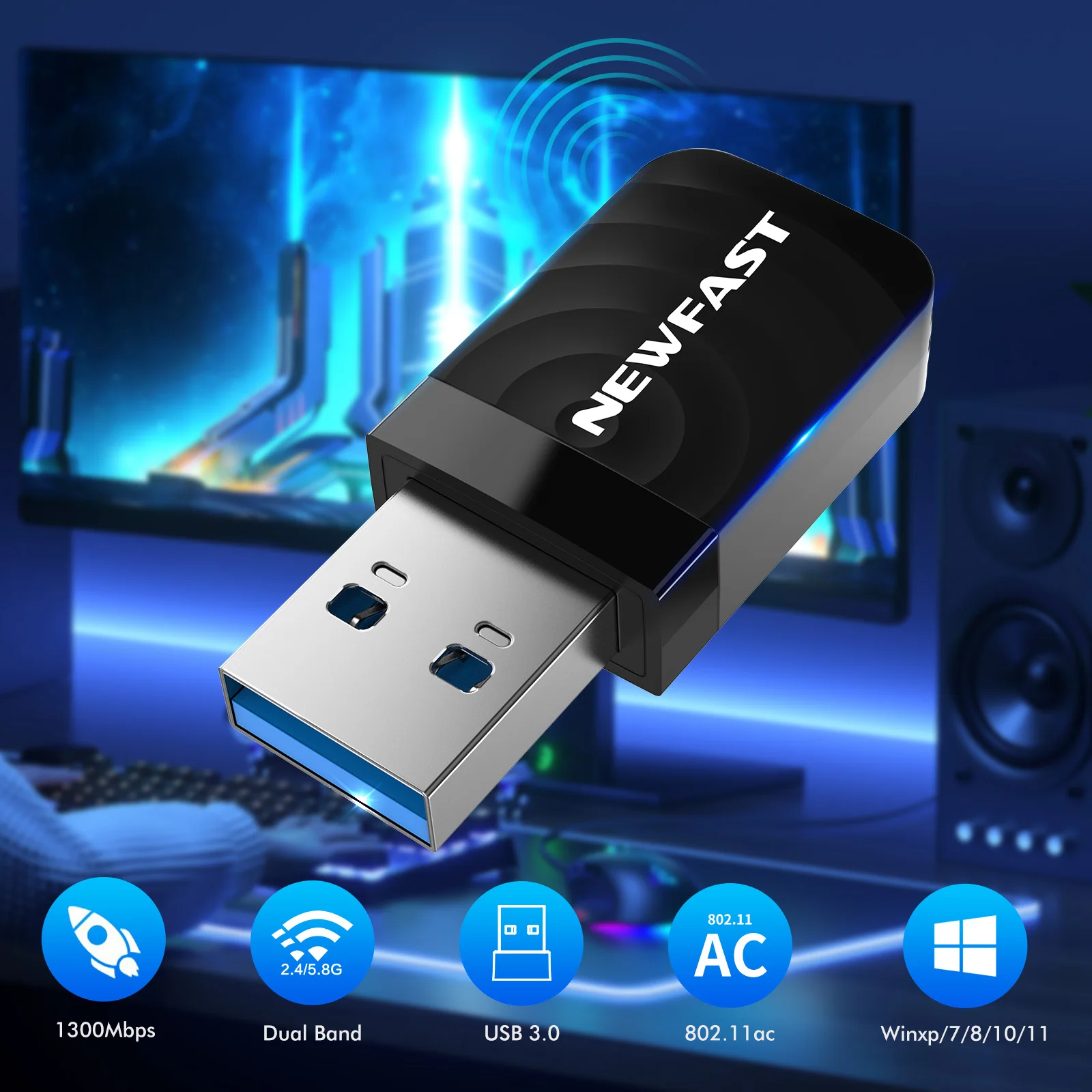 Newfast 1300Mbps USB WiFi Adapter 2.4+5.8GHz WiFi Receiver USB3.0 Wireless Network Card WPA3 WiFi Dongle Win7/8/8.1/10/11 MAC