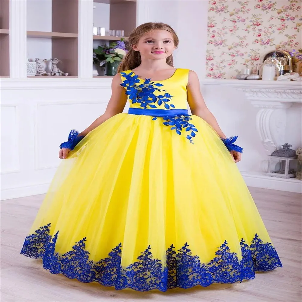 Vestido de baile amarillo con apliques de color azul real, vestido de niña de flores para boda, vestido de primera comunión de tul para niñas, vestido de desfile, disfraces