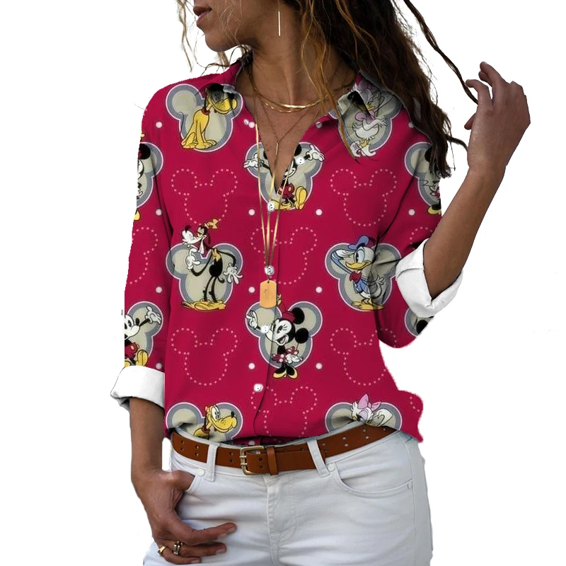 Camisa de manga larga Harajuku para mujer, camisa con estampado 3D de dibujos animados de Mickey y Minnie, solapa de un solo pecho, estilo callejero, y2k, Otoño, 2024