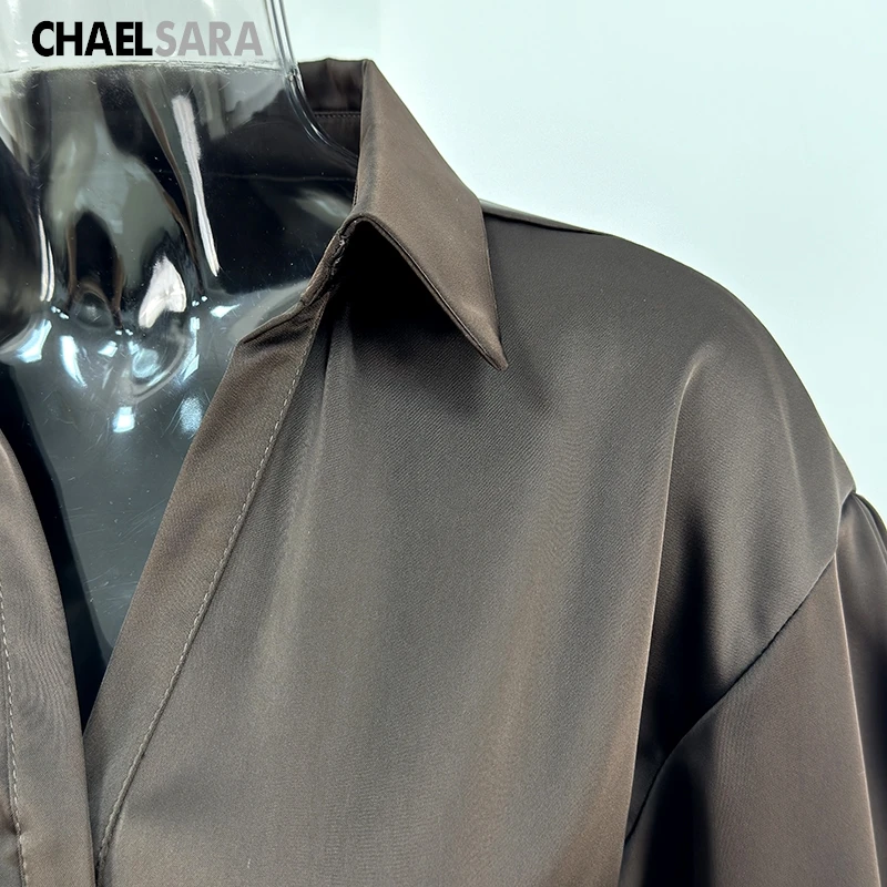 Women's Satin Belted Long Sleeve Blouse - Elegant Office Top