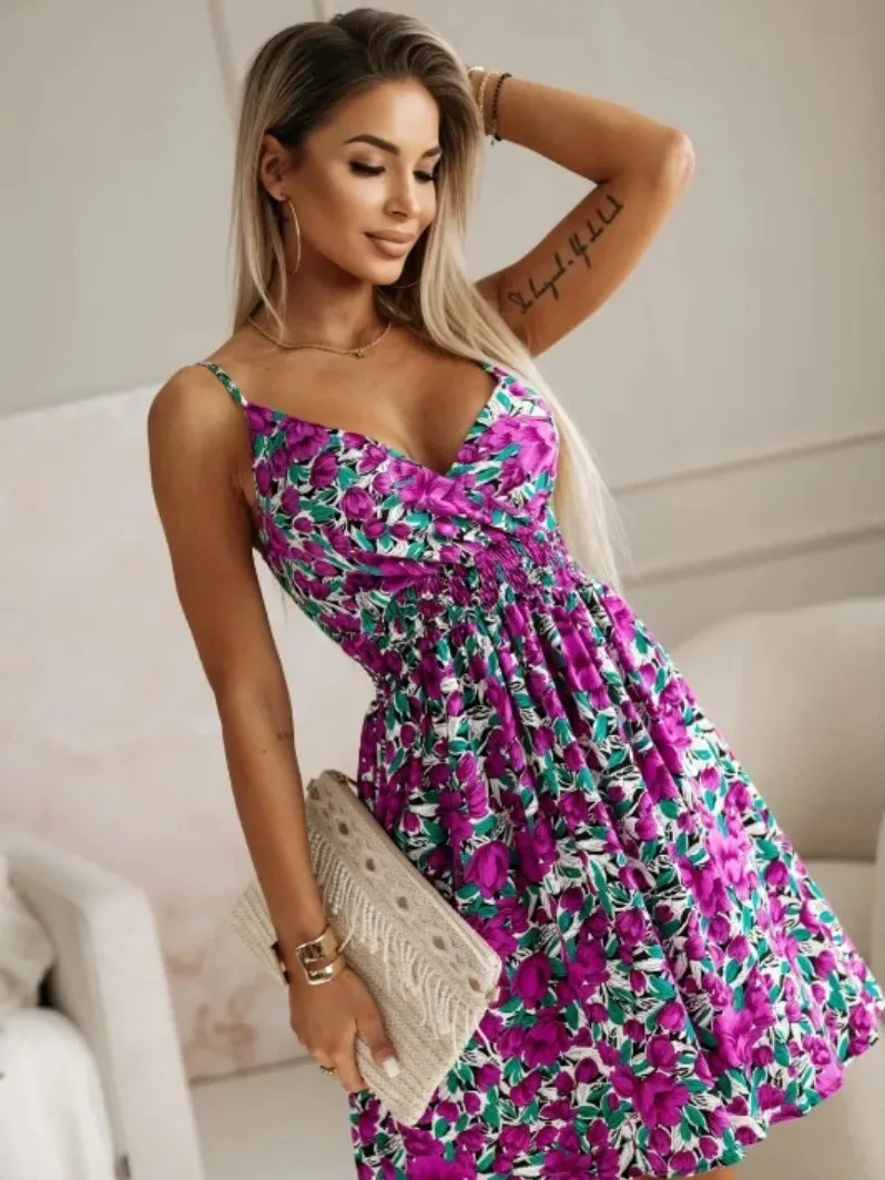 Neue Mode Frauen Sommer Wrap Plissee Kleider Damen Floral Print Sexy Spaghetti Strap Sling DressBeach A Linie Sommerkleid TPF8