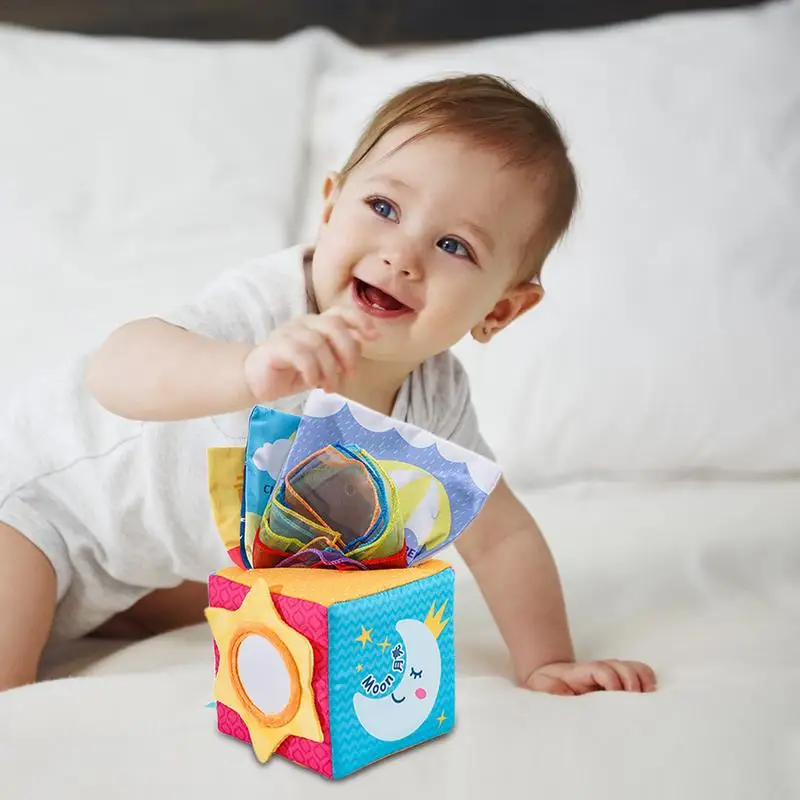 Caja de pañuelos de juguete, juguetes sensoriales arrugados suaves, actividades de desarrollo temprano para niños de 0 a 2 años, juguetes educativos, herramienta de aprendizaje