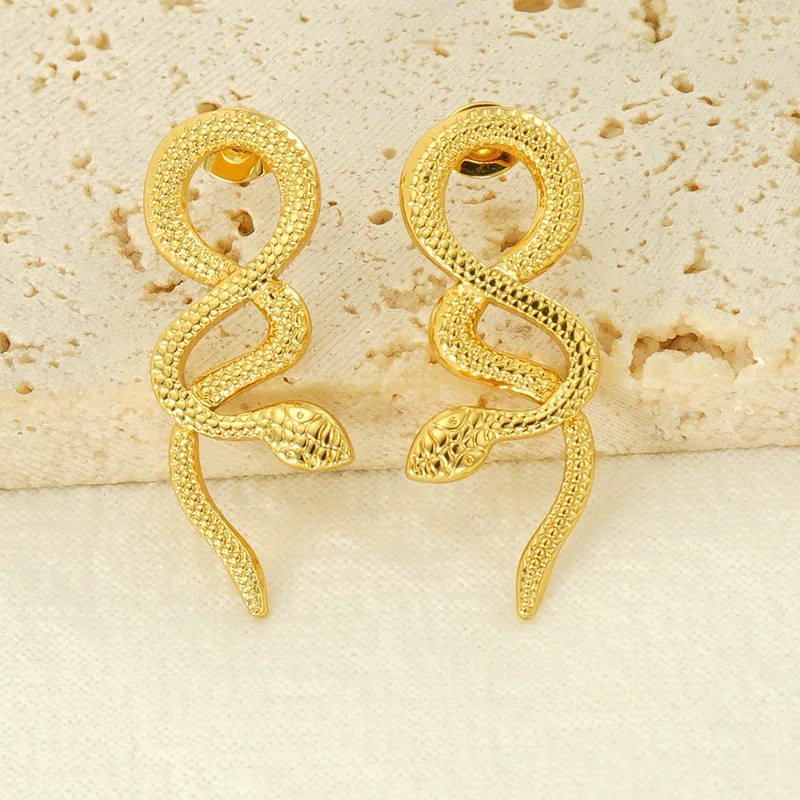 Golden Snake Stainless Steel Stud Earrings 18K Gold Plated Waterproof Low Allergy Jewelry for Women Girlfriend Mother Daughter