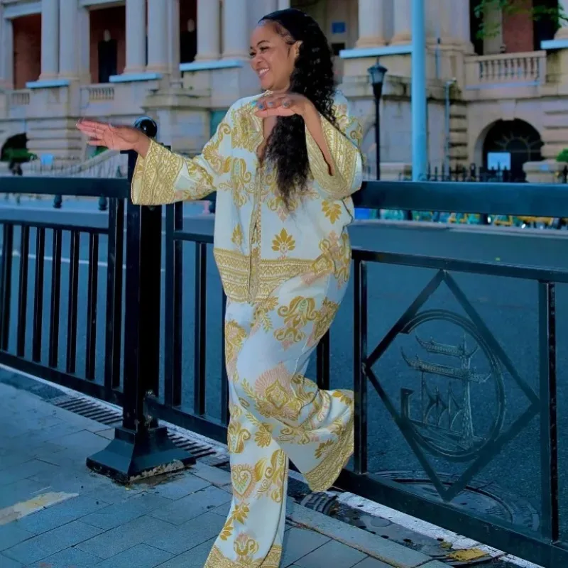 Mulheres duas peças conjuntos de calças impressão conjuntos de correspondência mangas compridas botão turn down collar superior calças de cintura elástica solta 2025 verão