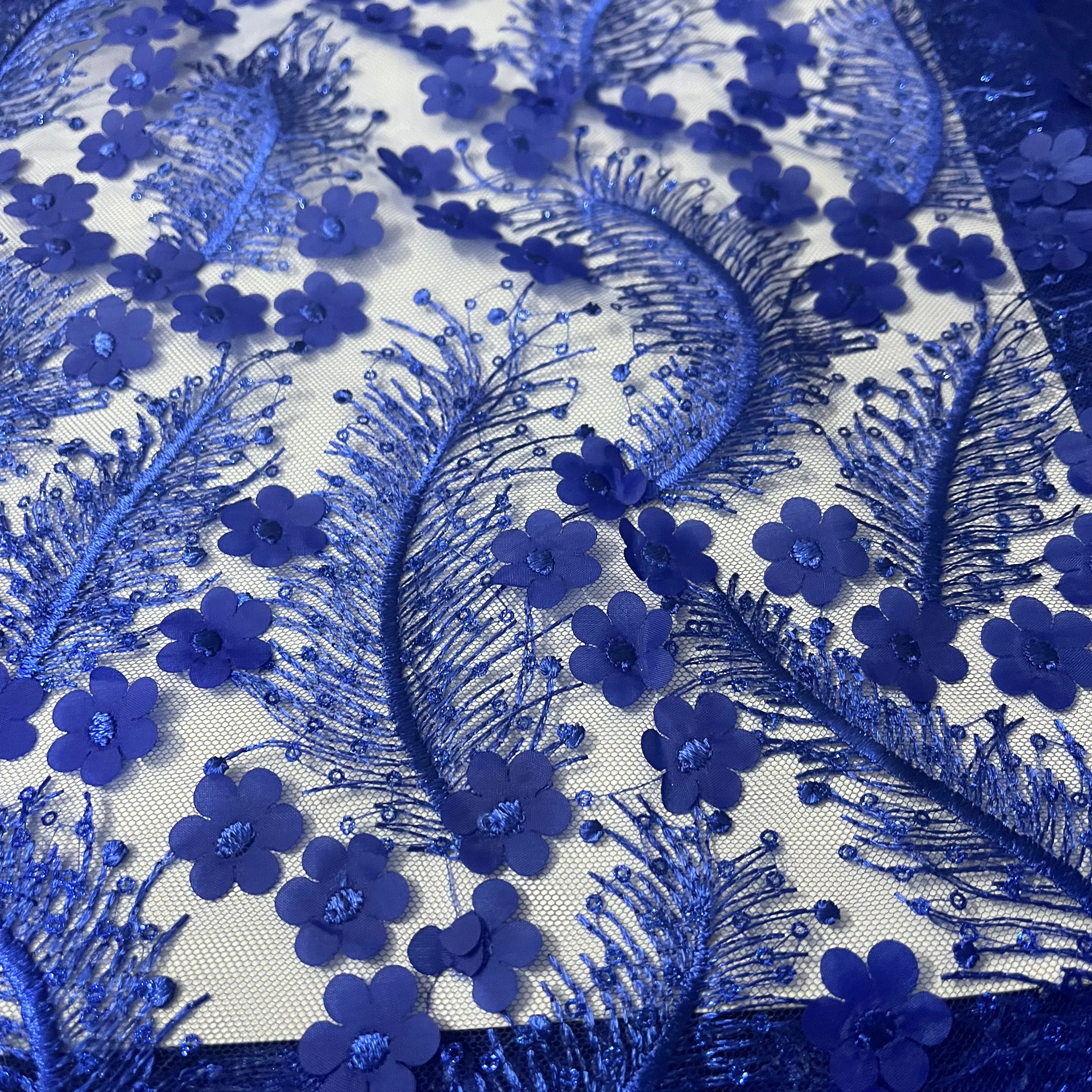 YQOINFKS Sequins French Lace Fabric Tulle Embroidery Mesh 3D Floral Applique Wedding Party Dress Lady Royal Blue 5 Yards YQ-8802