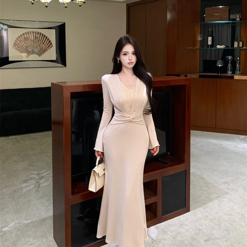 

Pure Desire Lace Splice Long Sve Dr Knot Design Slimming Long Dr Autumn Winter New Sle Women's High Waist Gown