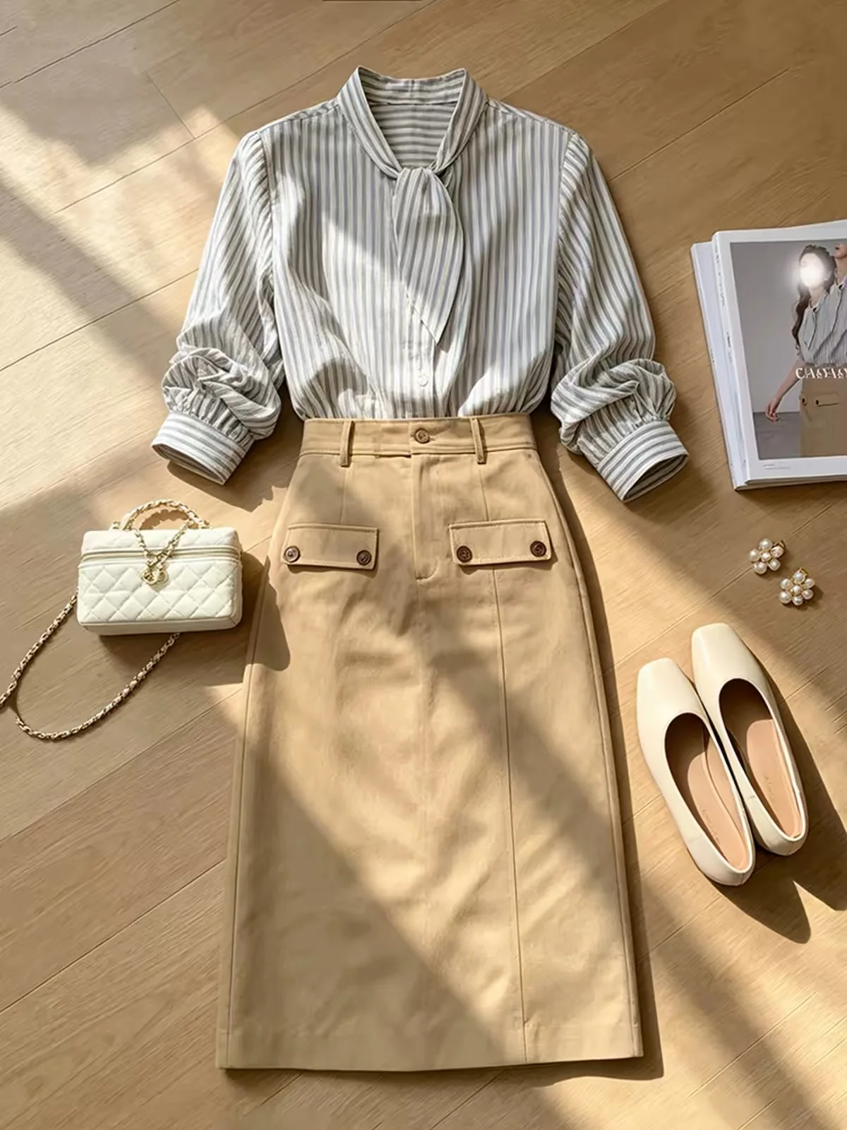 New Autumn Fashion Office Lady Women's Suit Elegant Striped Lace-up Long Sleeve Shirt + Khaki Midi Skirt Two Piece Set