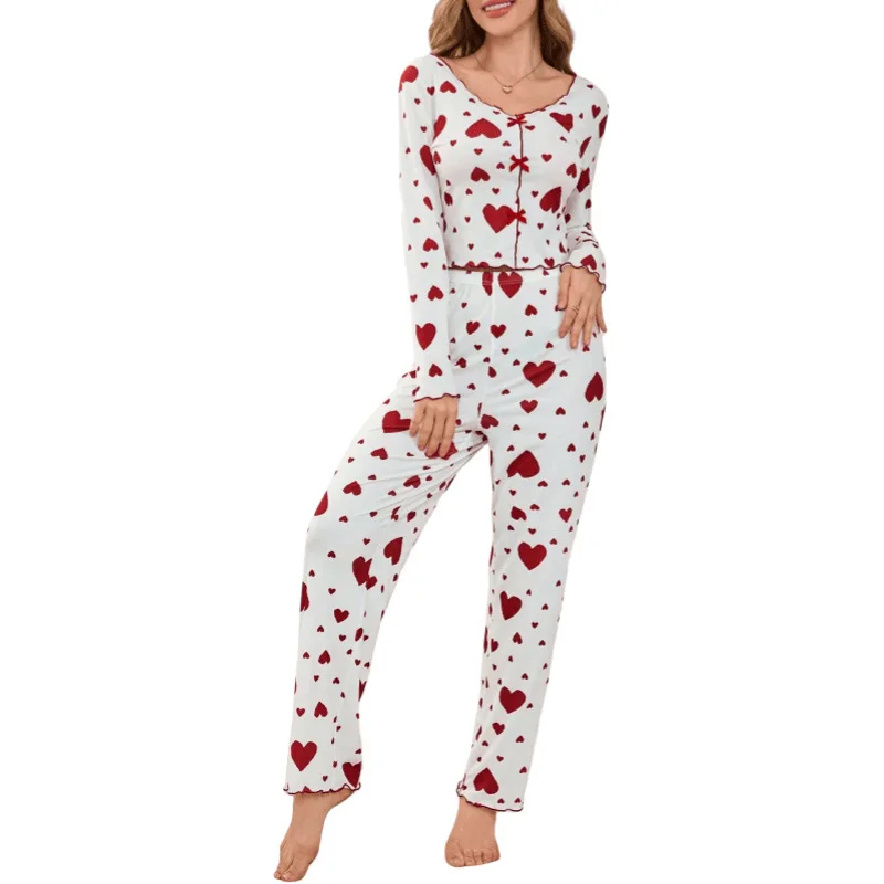 Women's Heart Print Bow Pajama Set - usage example