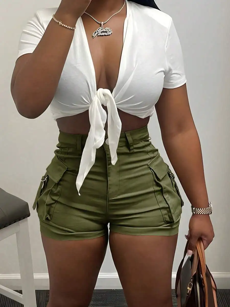 

High Waist Cargo Shorts With Flap Pockets Elastic Waist Summer Casual Shorts