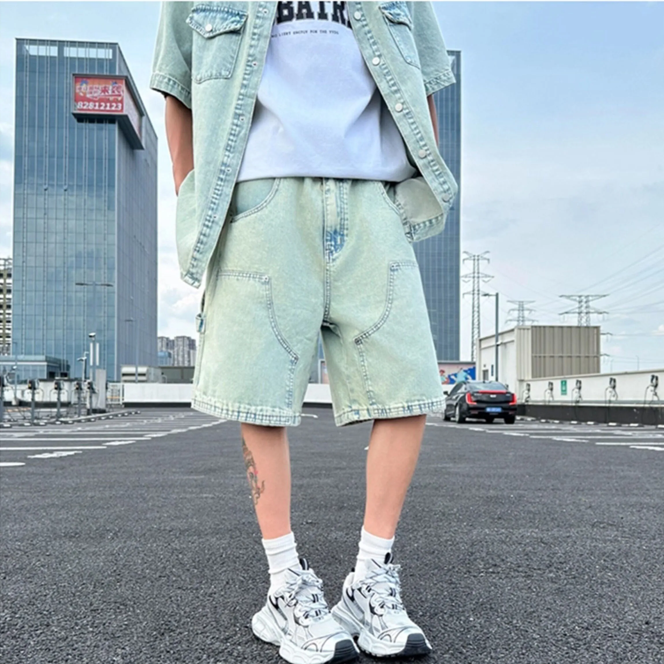 Summer Men's Blue Denim Set American Casual Fashion Safari Style Lapel Short Sleeved Shirt Splicing Shorts 2 Pieces Sets - view 6