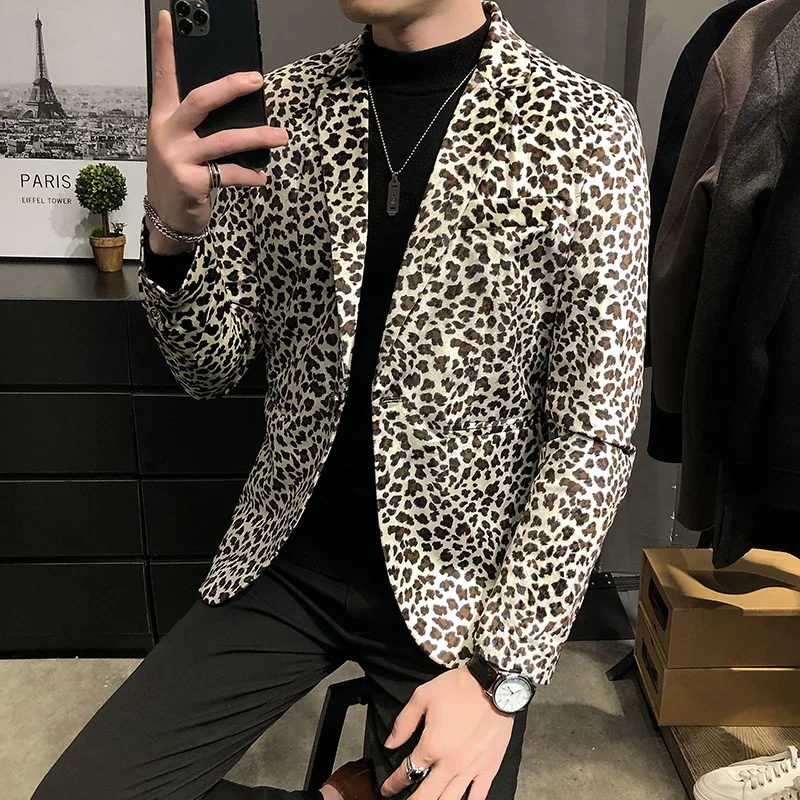 Fashion Boutique Velveteen Leopard Print Casual Jacket Men\'s Blazer  Male Slim Dress Stage Suit Coat