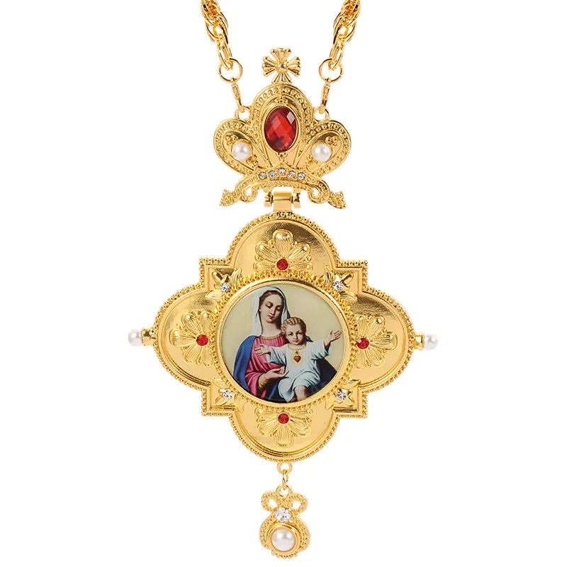 Orthodox Church Jewelry Cross Necklace Jesus Virgin Mary Long Chain High Quality Religious Necklace Christian Gift for Priest