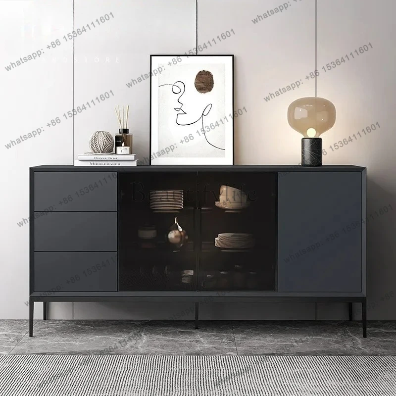 Italian minimalist side cabinet wine cabinet baking paint modern solid wood sensor lamp tea storage multi-function