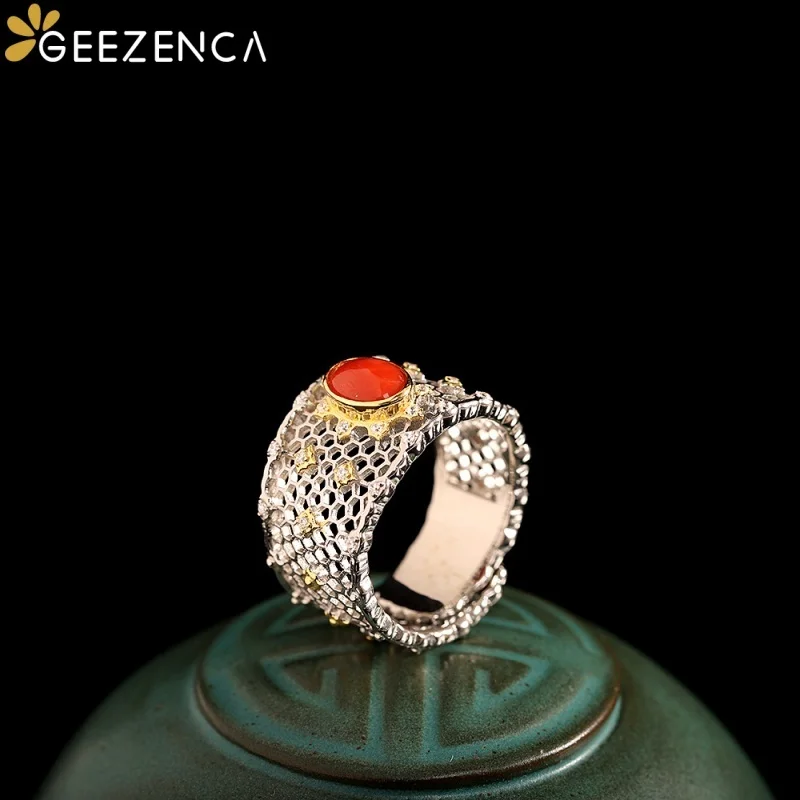 GEEZENCA 925 Sterling Silver Two Toned Hollow Beehive Band Topaz Agate Open Rings Women Delicate Wide Statement Ring Party Gift