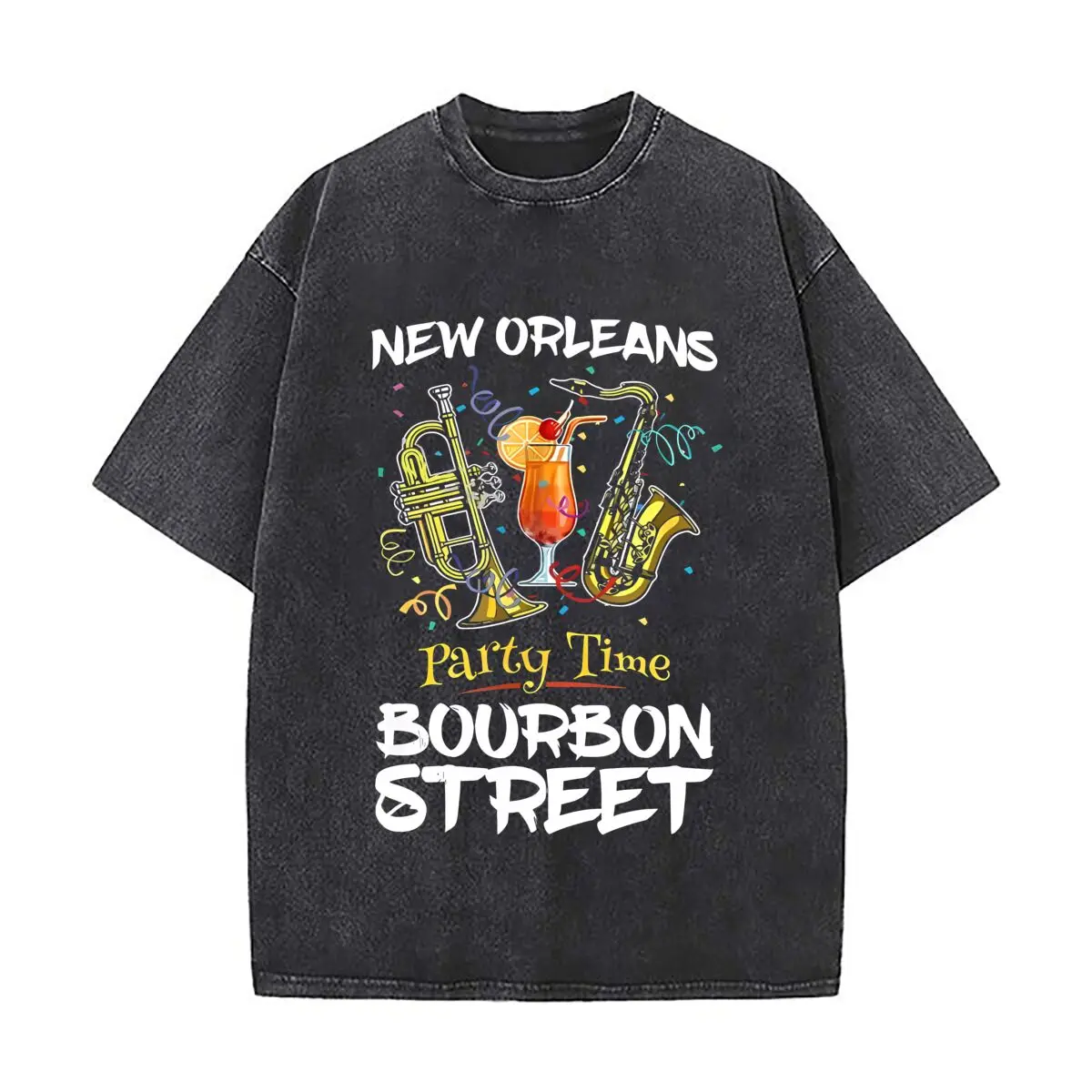 New Orleans Party Jazz  Themed Art Casual Washed Distressed T Shirt Vintage Minimal Short Sleeve Top