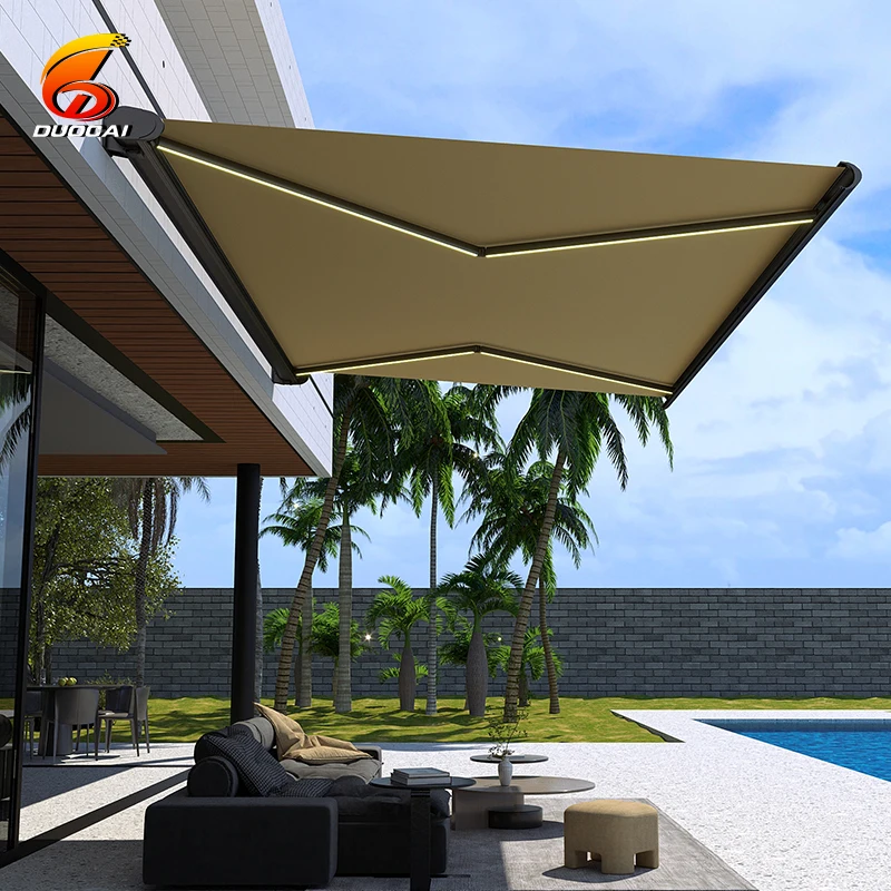 

Современный уличный моторизованный тент со светодиодной подсветкой и дистанционным управлением и полиэстеровым парусным материалом