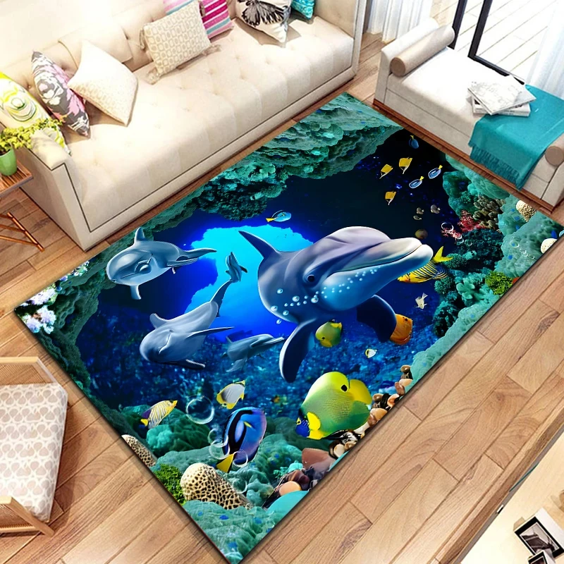 Nautical Dolphin Carpet Ocean Animal Rug for Bedside Living Room Backyard Sofa Decor Underwater World Coastal Creature Floor Mat