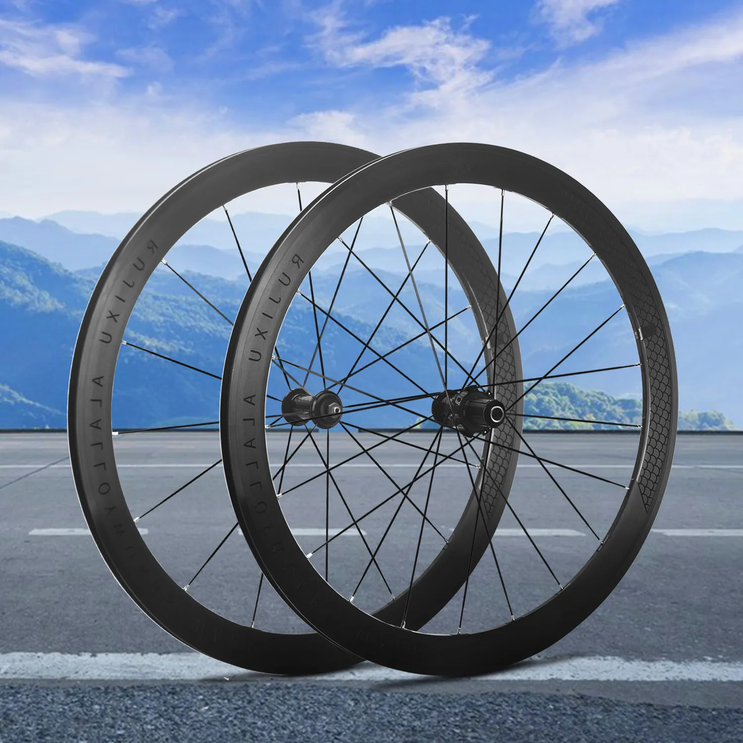 Zestaw kół rowerowych 700C Rybia łuska Czarne logo RUJIXU prosty hamulec 6claw V/C pierścień hamulcowy tarcza hamulcowa felga hamulcowa szosowa zestaw kół rowerowych