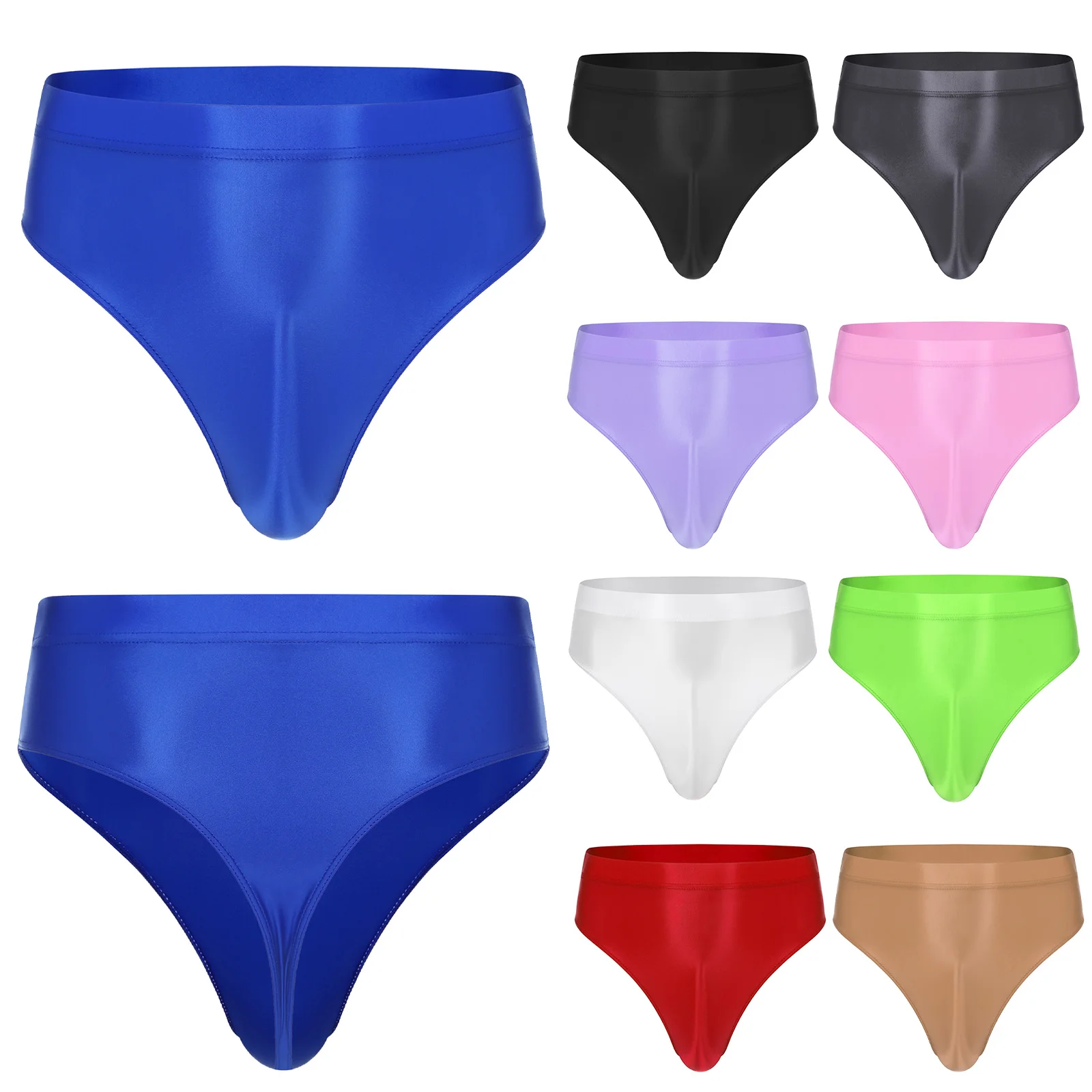 Mens Glossy Briefs High Waist Thong Solid Color Sexy Underwear Elastic Waistband Sports Gym Fitness Underpants Bikini Swimwear