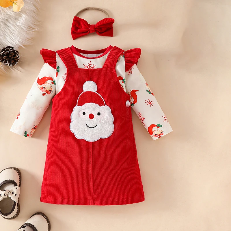 VISgogo 0-18 Months Baby Girls Christmas Set Ruffles Long Sleeve Romper Corduroy Santa Overall Skirt Bow Hair Band Outfits