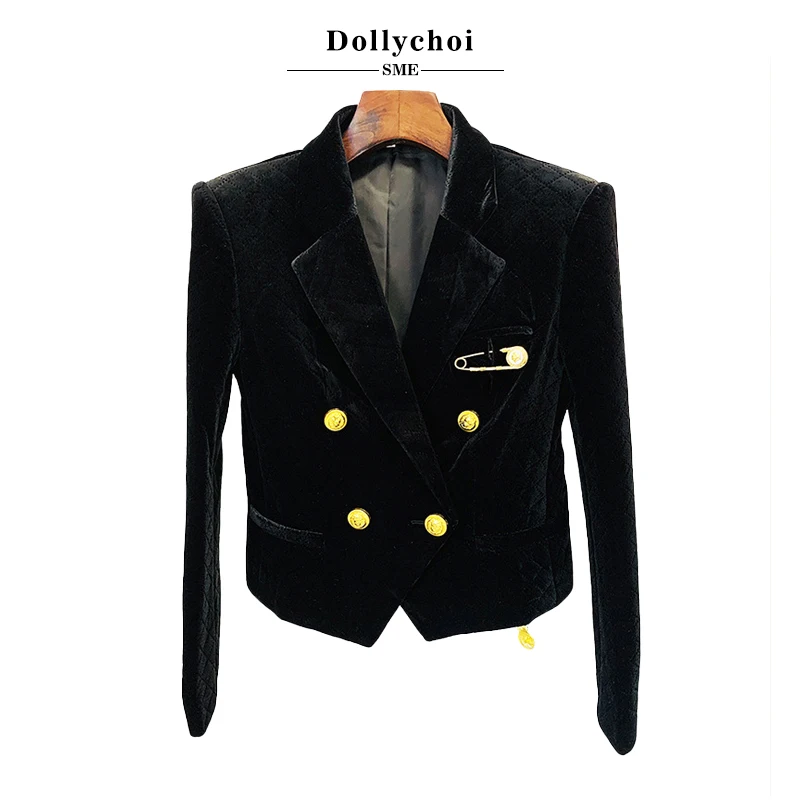 Gold Velvet Short Jacket, women's Suit,Factory New Fashion Top in Europe and America, Metal Double-Breasted, Pin Decoration