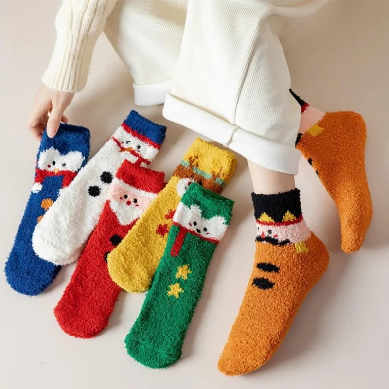 

2024 New Year Christmas Theme Thickened Coral Velvet Mid-calf Socks, Men and Women Couples Autumn and Winter Sleep Socks