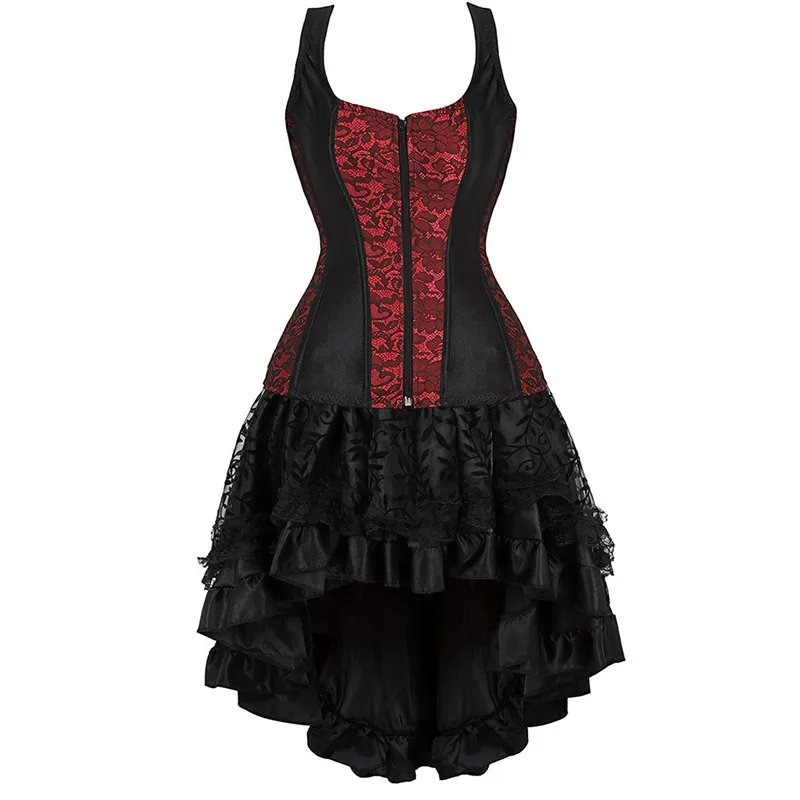 Corset Dress Bustiers Sexy Goth Zipper Front Lace with Skirt Set Vintage Costume Women\'s Cosplay Burlesque Plus Size Red Purple