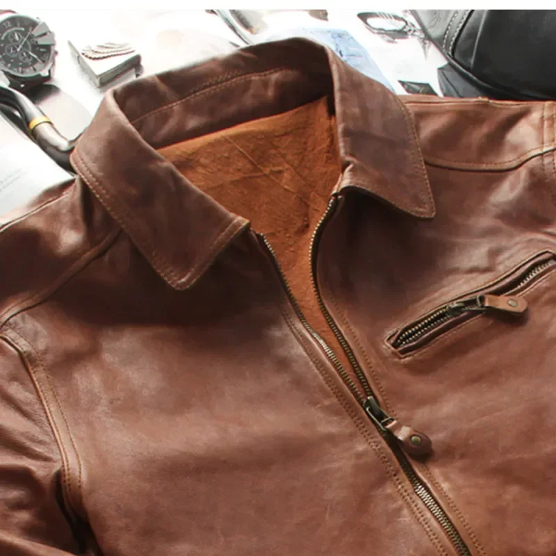 2024 Light Brown American Casual Style Genuine Leather Jacket Men Plus Size 4XL Real Natural Sheepskin Autumn Slim Fit Coat - Image 6