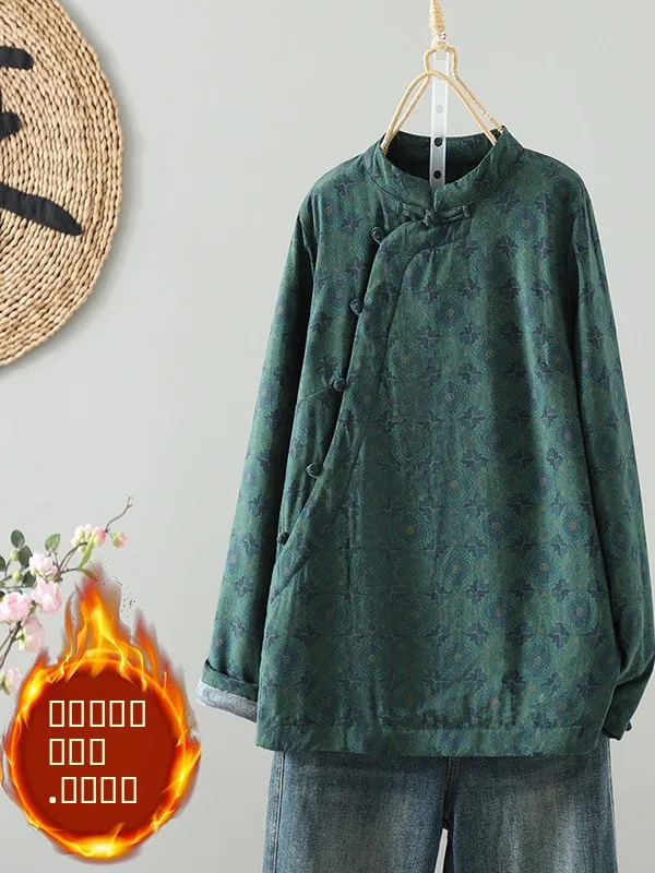 

Retro Chinese Sle Linen Cotton Printed Women's irt Stand Collar Button up Fce Lined Warm Cotton Top Small irt