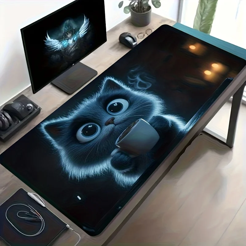 VIKAMA Cute Cat Gaming Mouse Pad Desk Mat with Blue Cat Holding Coffee Gaming Laptop Home Decor Extra-Long Desk Mat for PC,