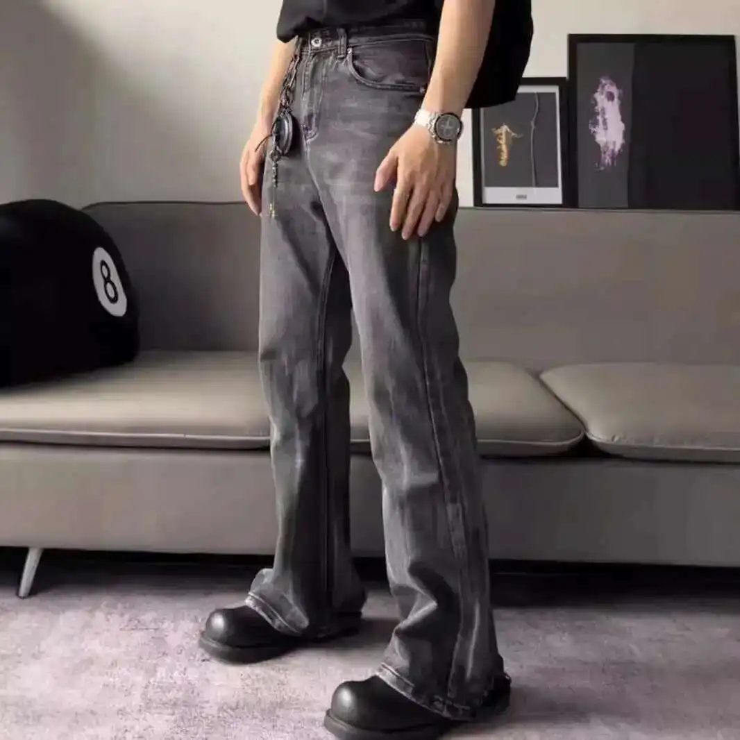 

2025 р. Черно-серые расклешенные джинсы с нишевым дизайном, мужские свободные трендовые повседневные джинсовые брюки с прямыми отверстиями, 28W5868