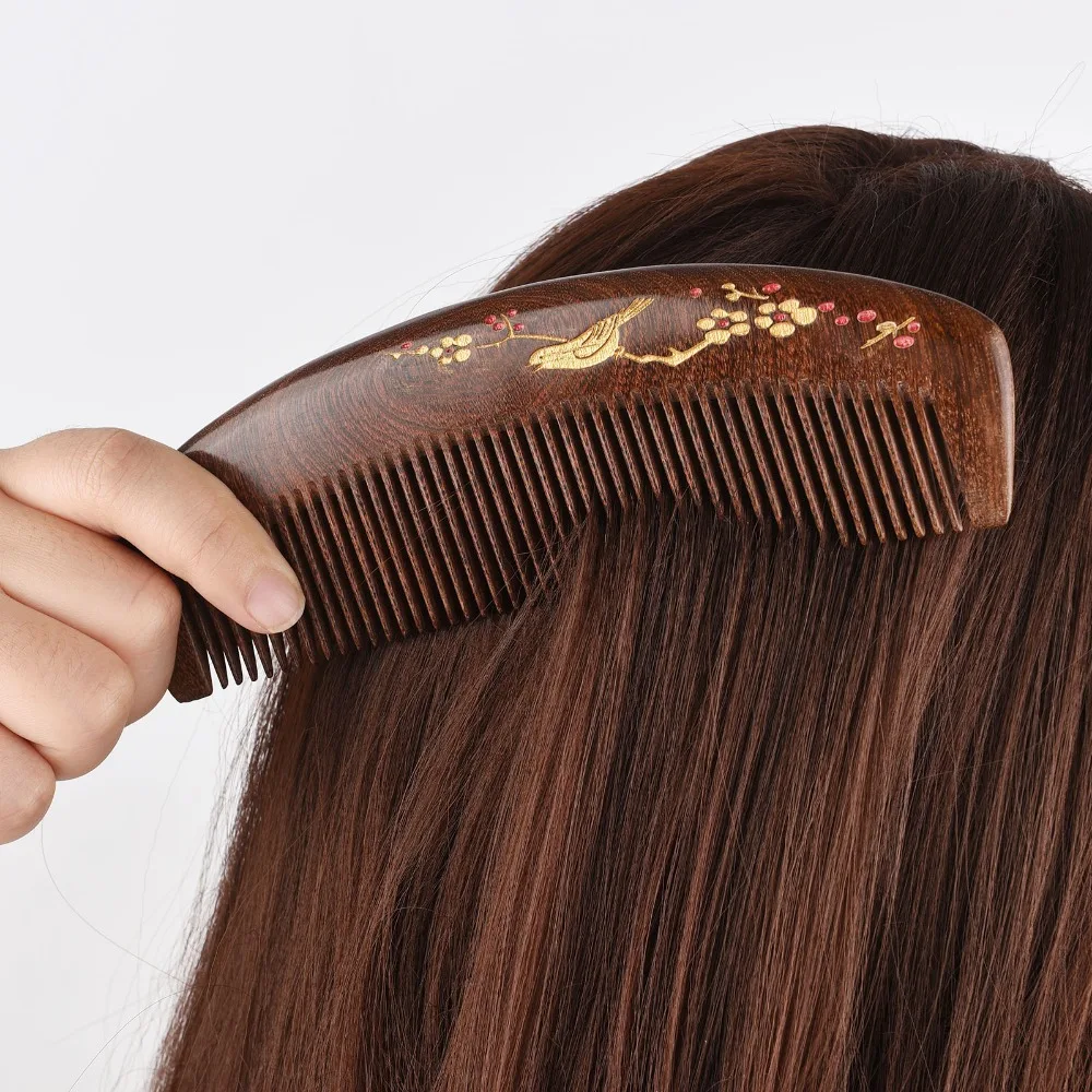 Hand-Carved Sandalwood Hair Comb Detangling Hair Gold Inlaid Accent Fine Tooth Wood Comb Ergonomic Design Handmade Wood Comb