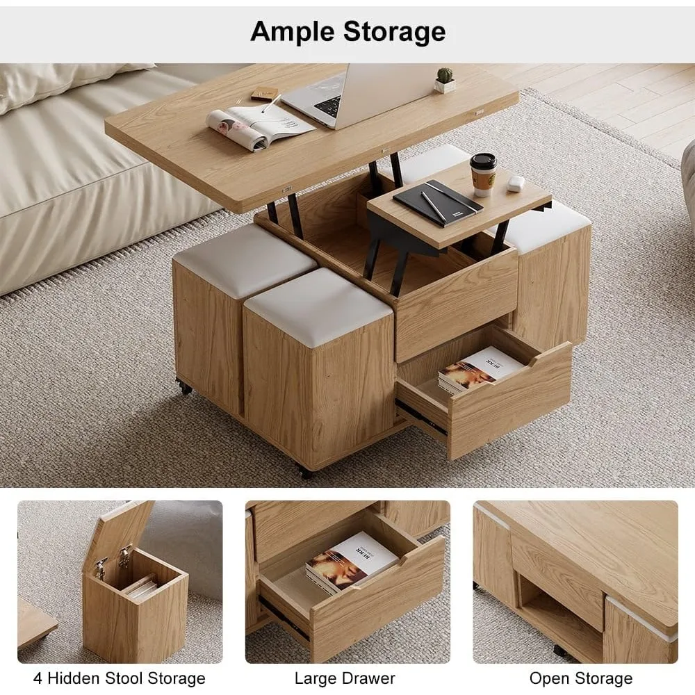 Lift Top Coffee Table with Hidden Storage, 3 in 1 Multi-Function Modern Folding Center Table with 4 Stools and Casters