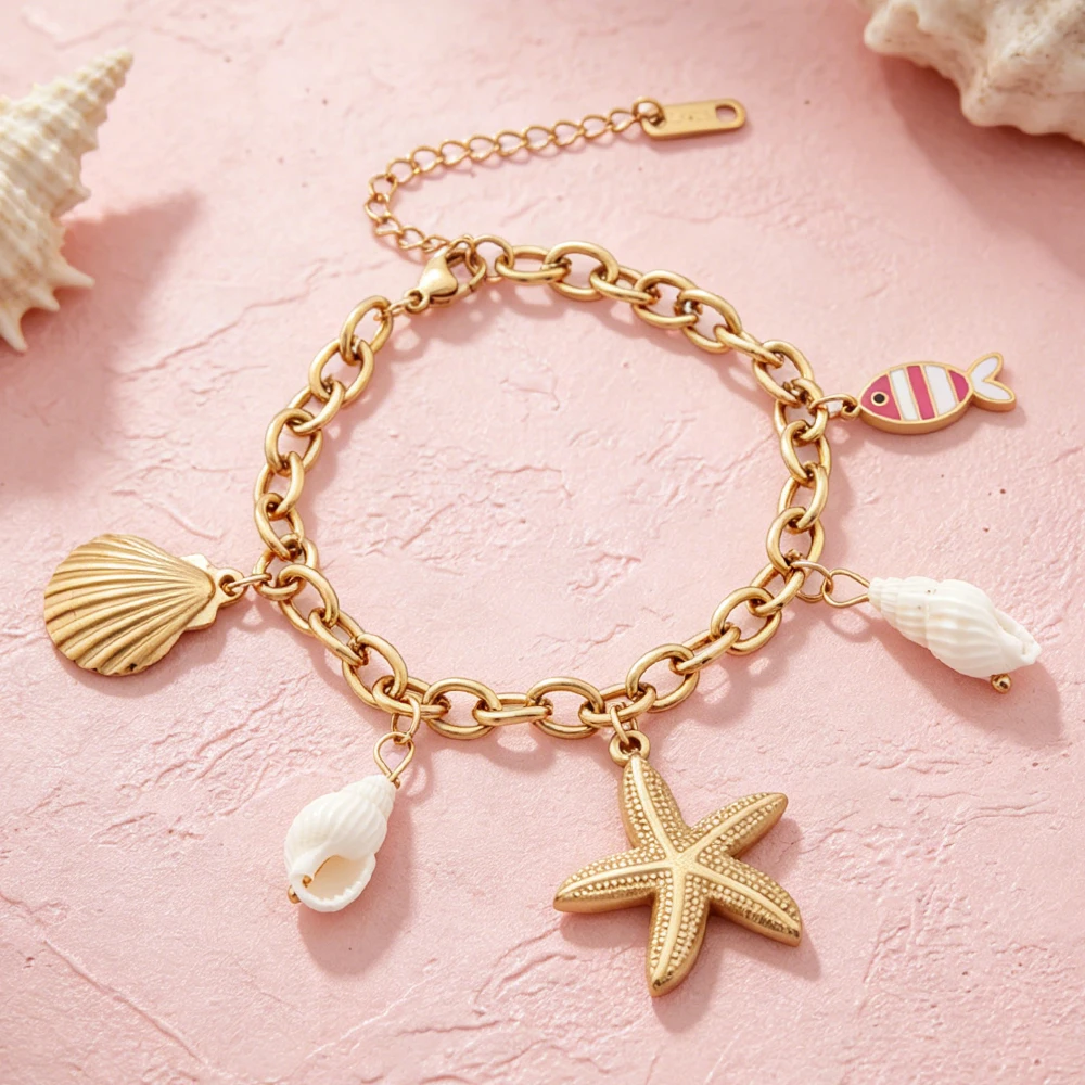 Boho Ocean Steel Charm Bracelet Gold Plated Starfish Scallop Conch Fish Pendant Adjustable Bracelets Beach Marine Jewelry Gift