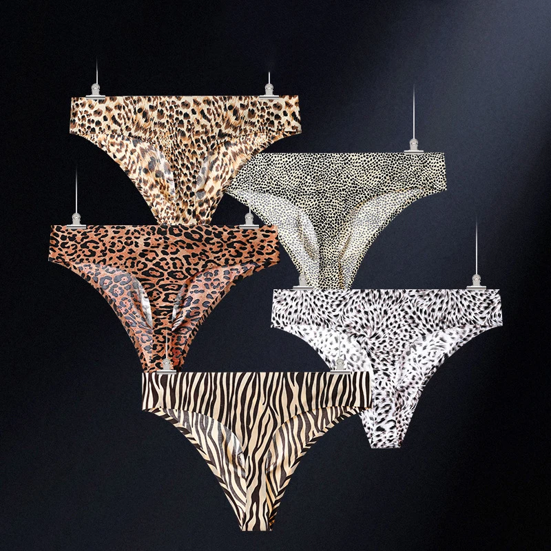 Men Breathable Seamless Ice Silk Thongs U Bulge Pouch Sexy T-back Panties G-string Leopard Print Underwear Ultra-thin Underpants