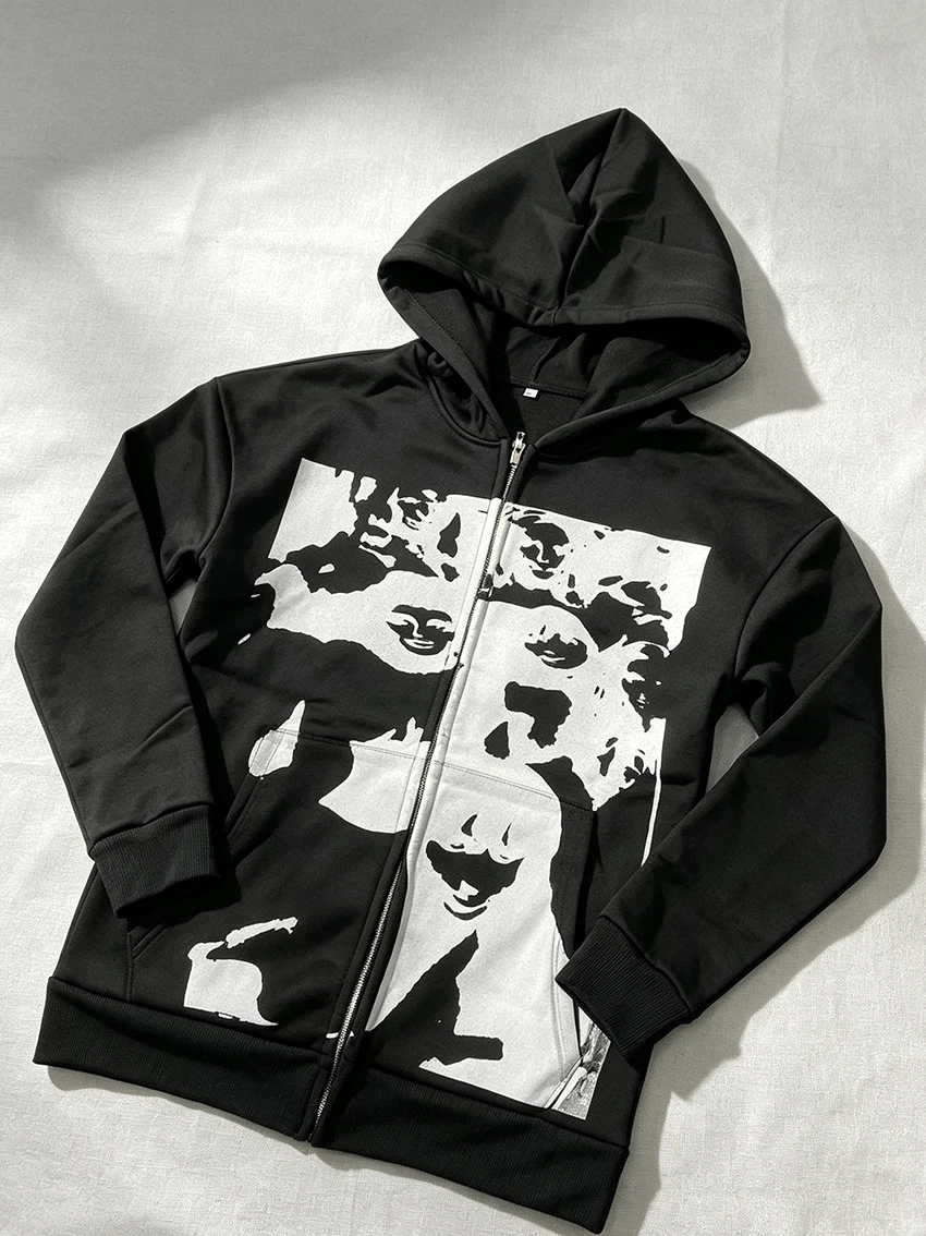 Punk Y2K Loose Oversized Zip Up Hoodie Women Vintage Abstract Portrait Print Hooded Jacket Grunge Aesthetic Streetwear Outerwear