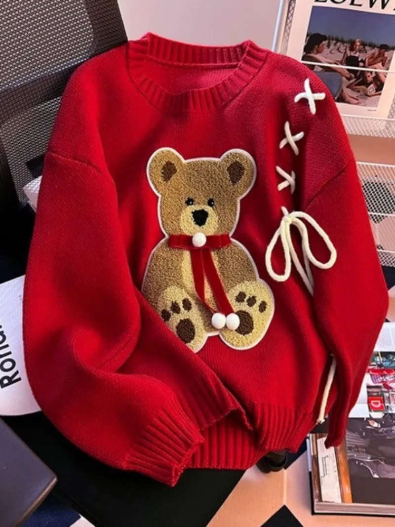 

Рождественский новый красный свитер с вышивкой «Маленький медвежонок», женская осенне-зимняя одежда, женские вязаные топы большого размера, милые стареющие куртки