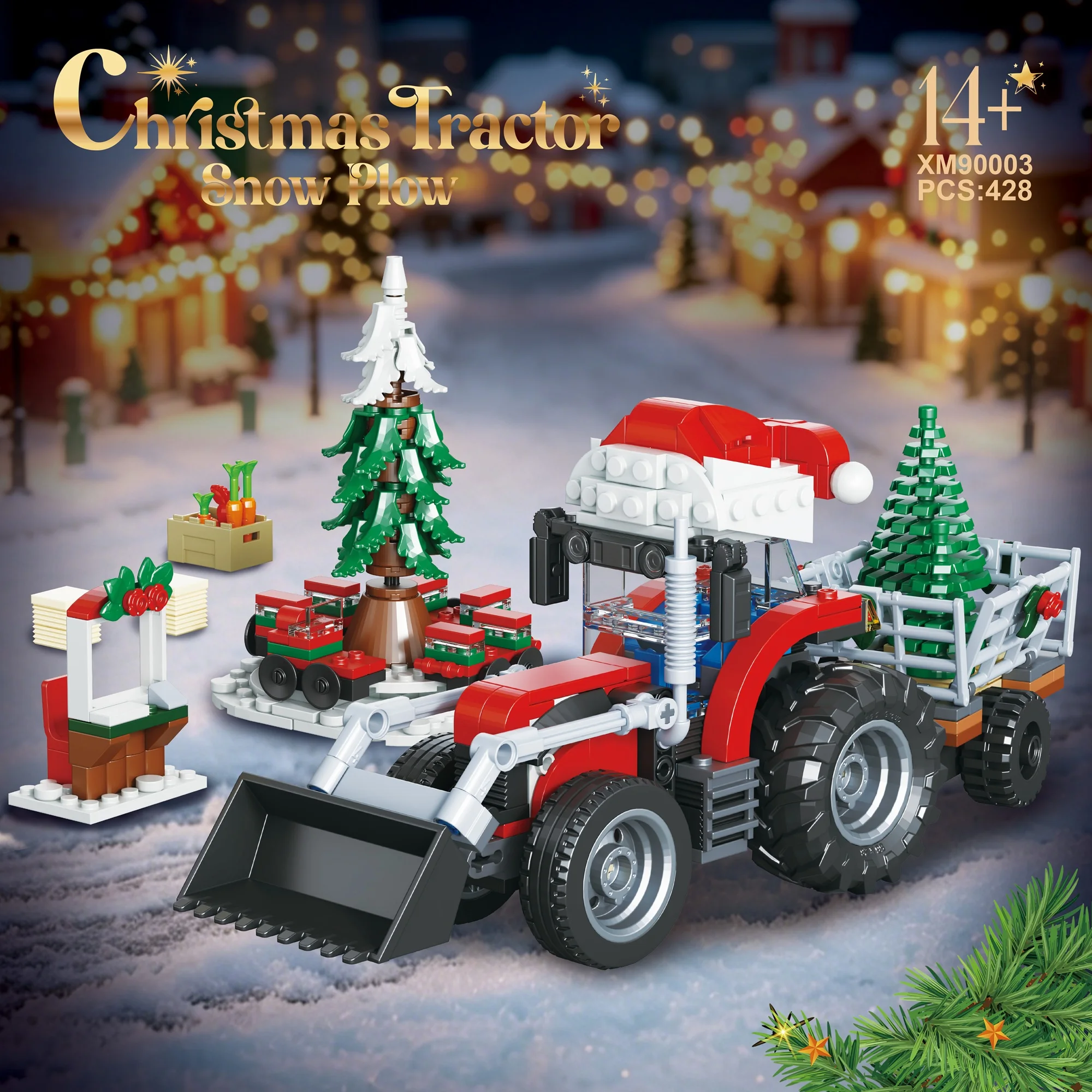 MOC Winter Christmas Snow Clearing Tractor Home Decoration, Building Blocks Set, Educational Building Toys, Christmas Gift